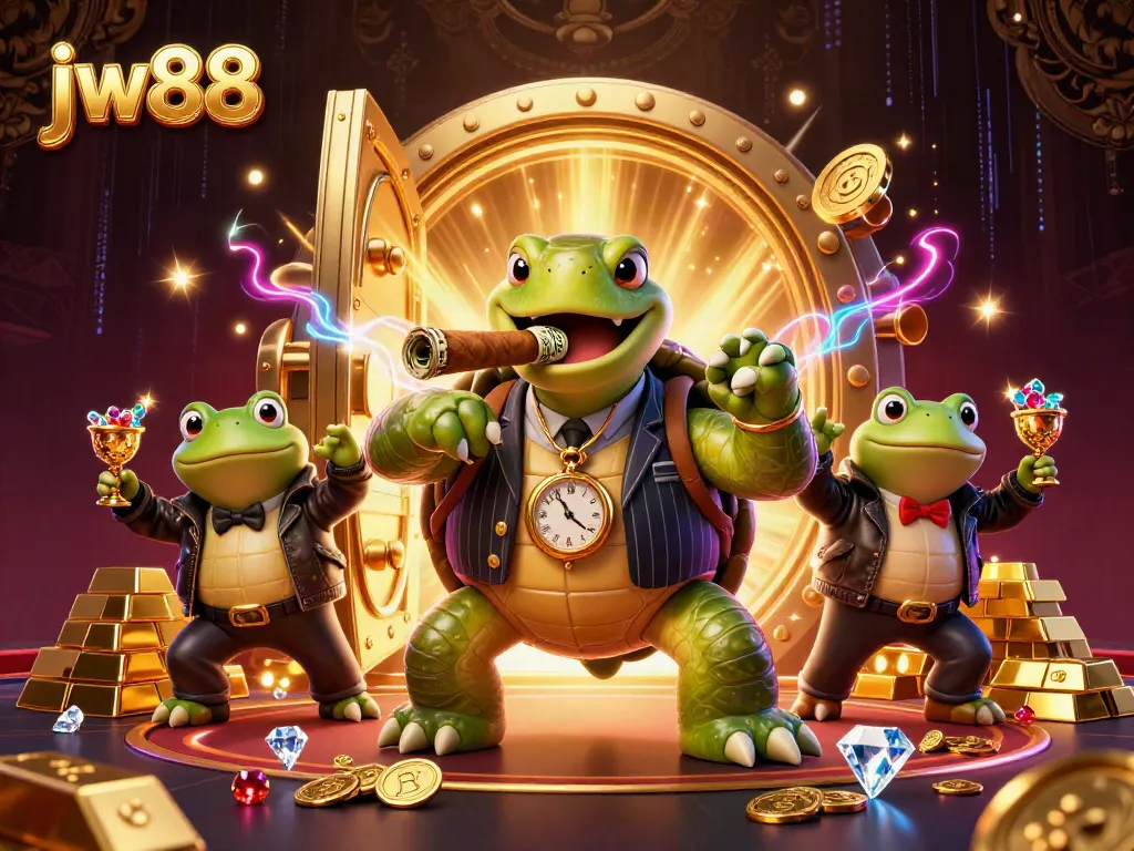 Win big with jw88 as the massive snapping turtle leads his bullfrog enforcers through a vibrant casino!