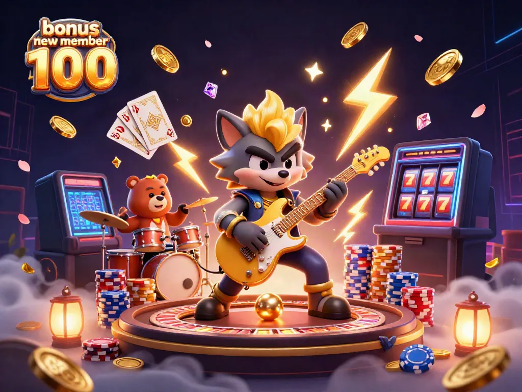 Experience the thrill of bonus new member 100 with a vibrant casino scene filled with treasures and lively characters.