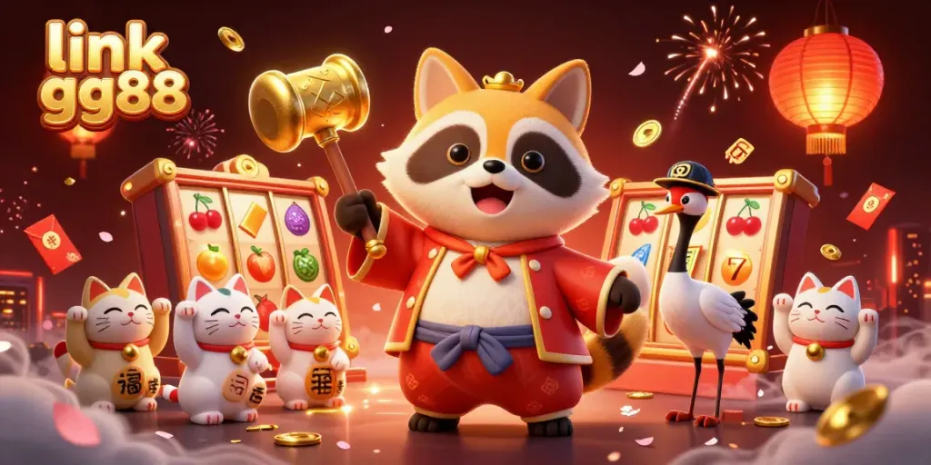 Experience thrilling gameplay at link gg88 with cheerful tanuki and lucky symbols in vibrant celebration.