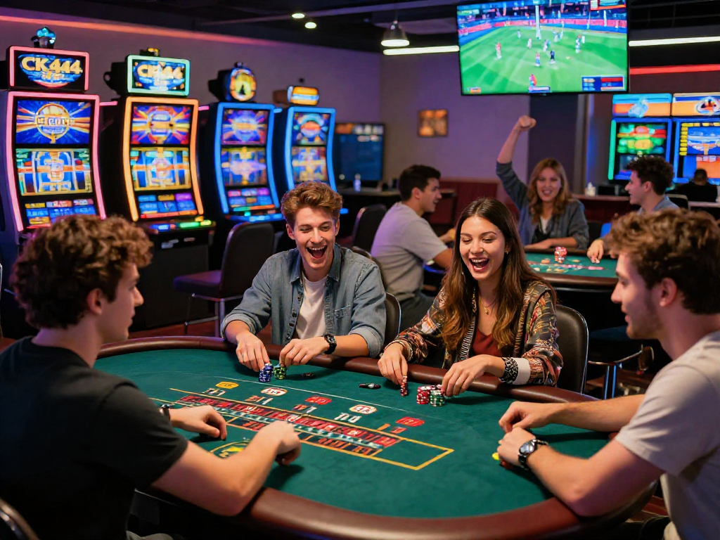 CK 444 casino scene with players enjoying live dealer games, vibrant slot machines, and sports betting screens in a modern lounge.