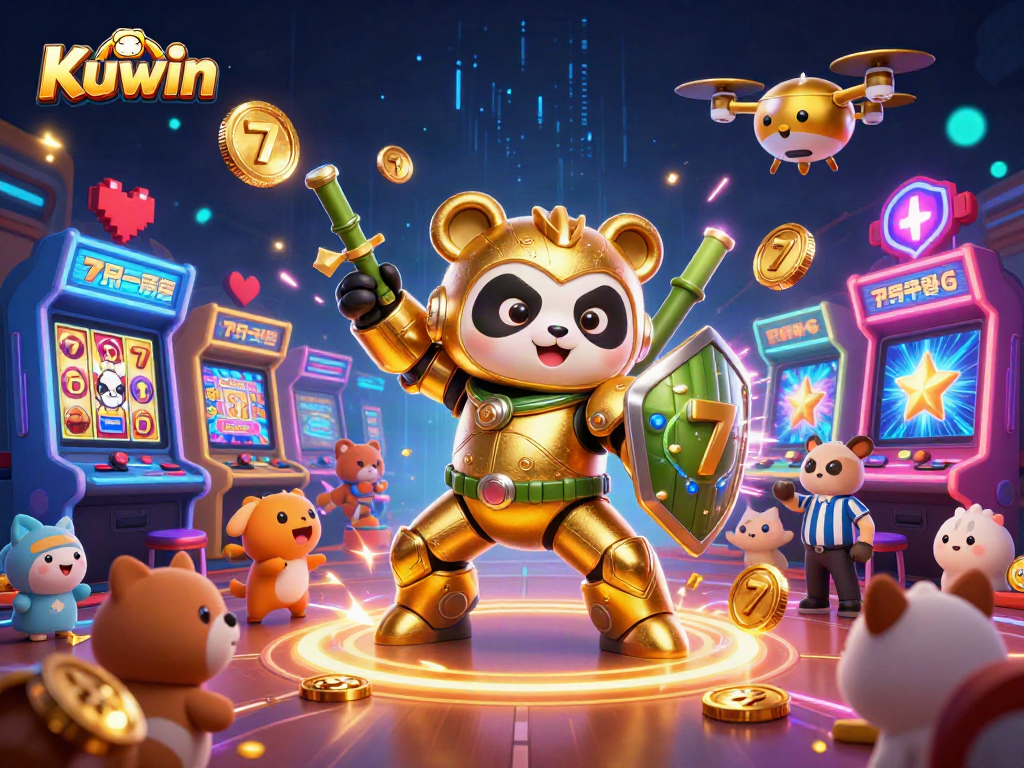 Kuwin gaming scene showcasing a golden panda and vibrant casino elements with engaging slot games.