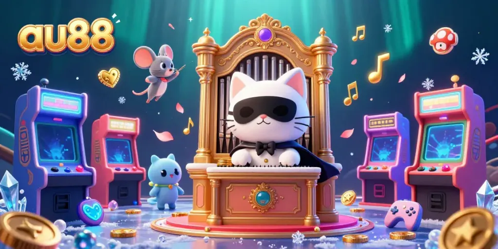 Experience the magic of au88 with a whimsical casino-themed illustration featuring vibrant characters and gaming elements.