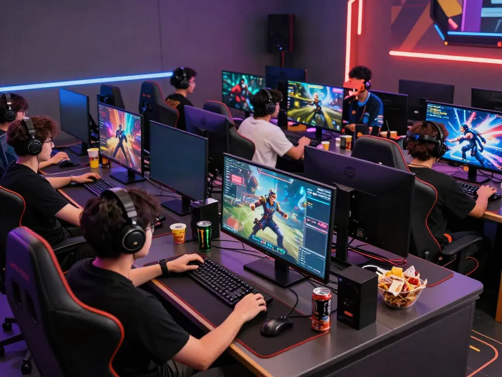 Gaming enthusiasts engaged in a battle scene at hexbloom.net, showcasing immersive tech and teamwork.