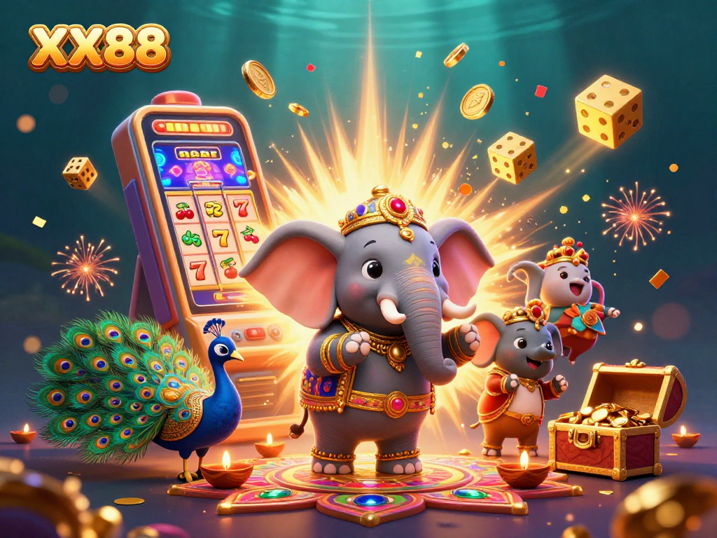 Engage in thrilling slots at XX88 with an explosion of colors and rich casino symbols.