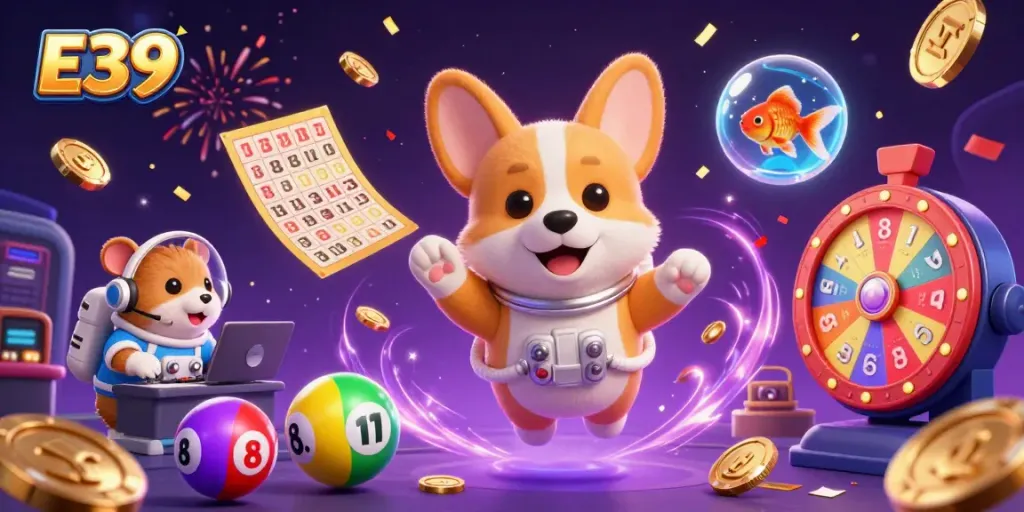 Experience the E39 casino adventure with floating characters and vibrant game elements in a cosmic setting.