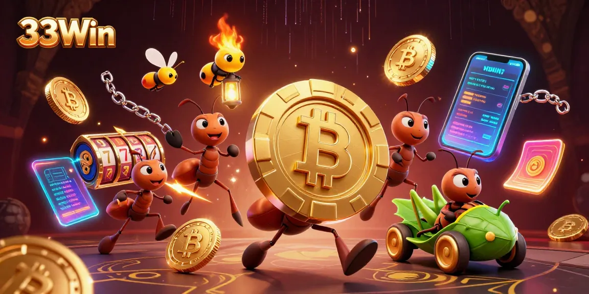33Win features a dynamic scene with cartoon ants carrying a giant poker chip amidst crypto elements.