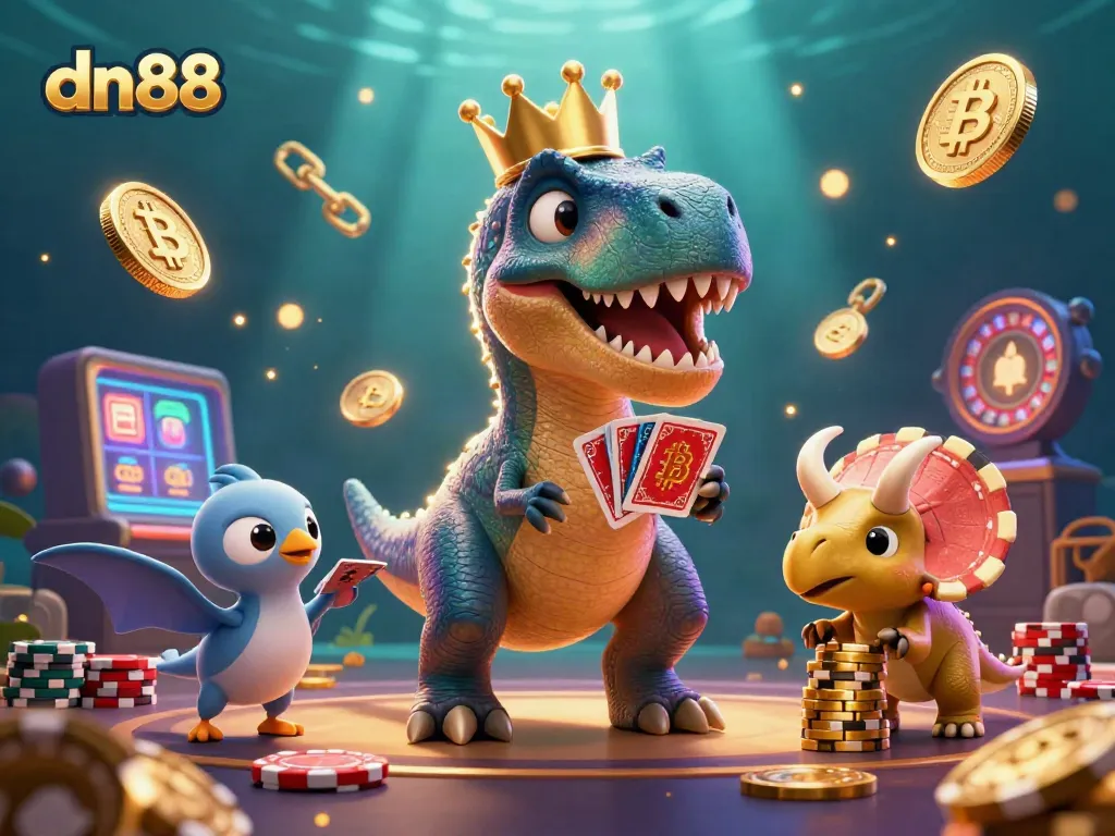 Engage with dn88's thrilling casino scene featuring a T-Rex, while playing cards and stacking chips.