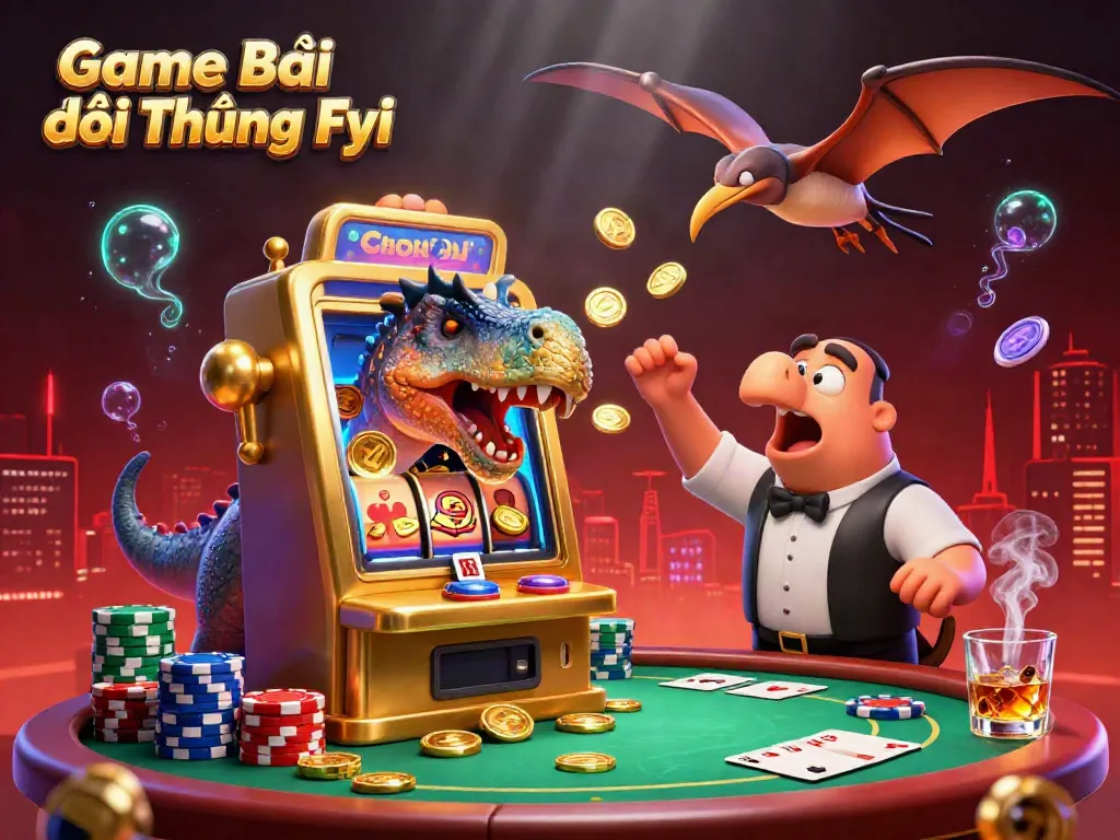 Jackpot action in Game Bài Đổi Thưởng Fyi with dinosaurs, a golden slot machine, and flying coins