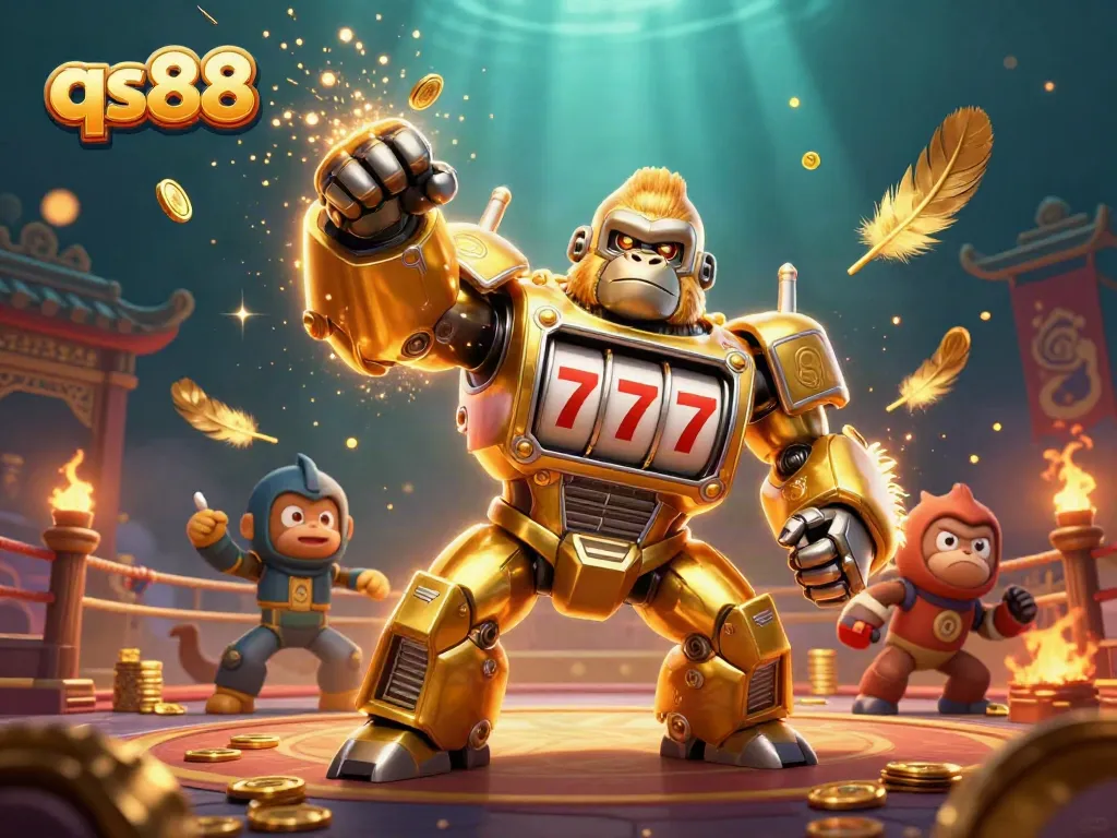 Experience thrilling qs88 gaming with a dynamic gorilla mech, coins, and casino elements