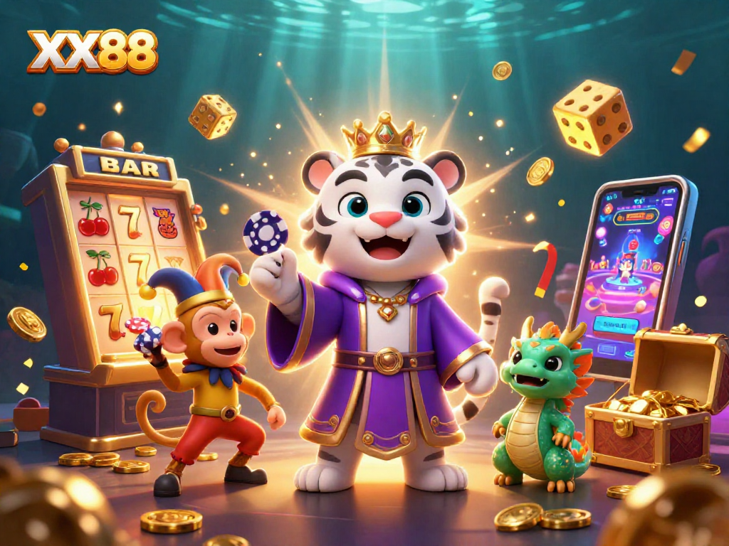 Experience thrilling action at XX88 with a lively scene featuring a white tiger, golden monkey, and jade dragon in a casino.