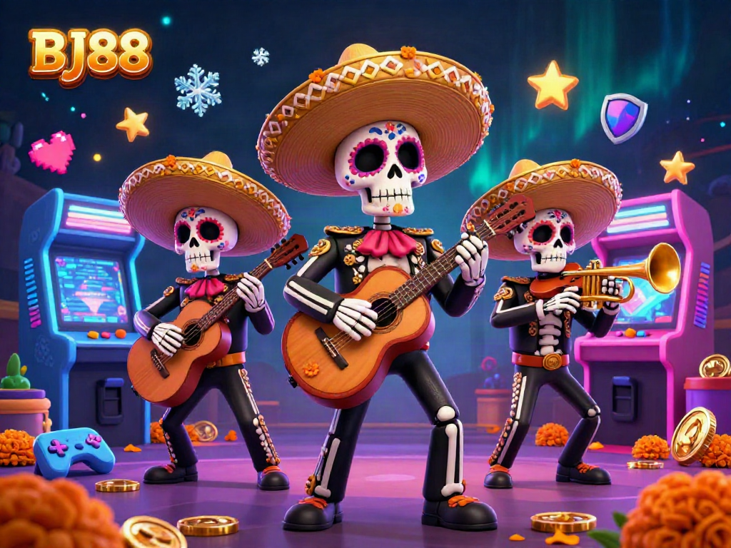 Engage with the vibrant 3D illustration showcasing BJ88's energetic mariachi characters in a casino gaming scene.