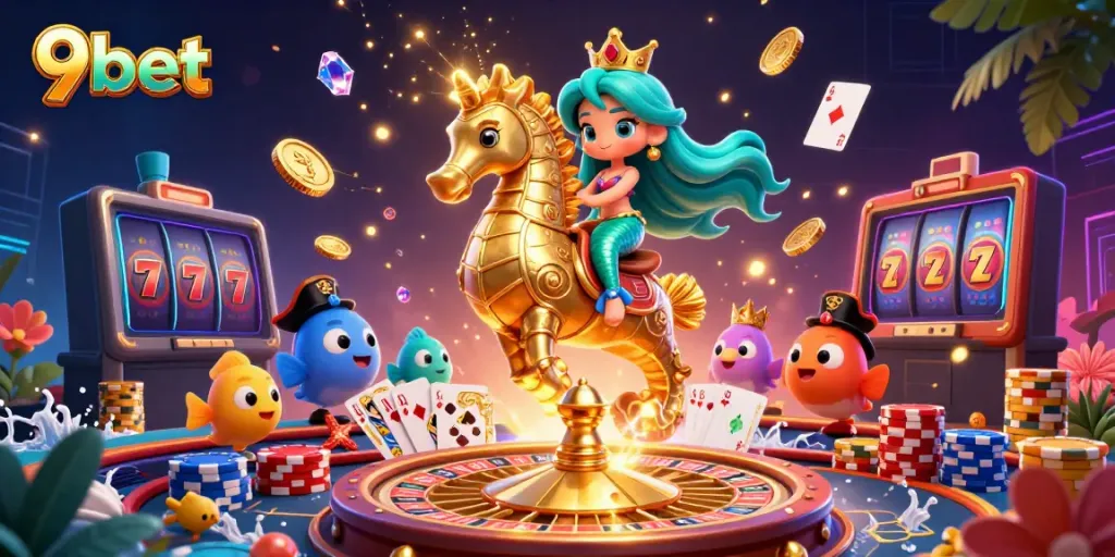 Join the adventure at 9bet with a 3D cartoon mermaid and seahorse, immersed in a vibrant gambling scene.