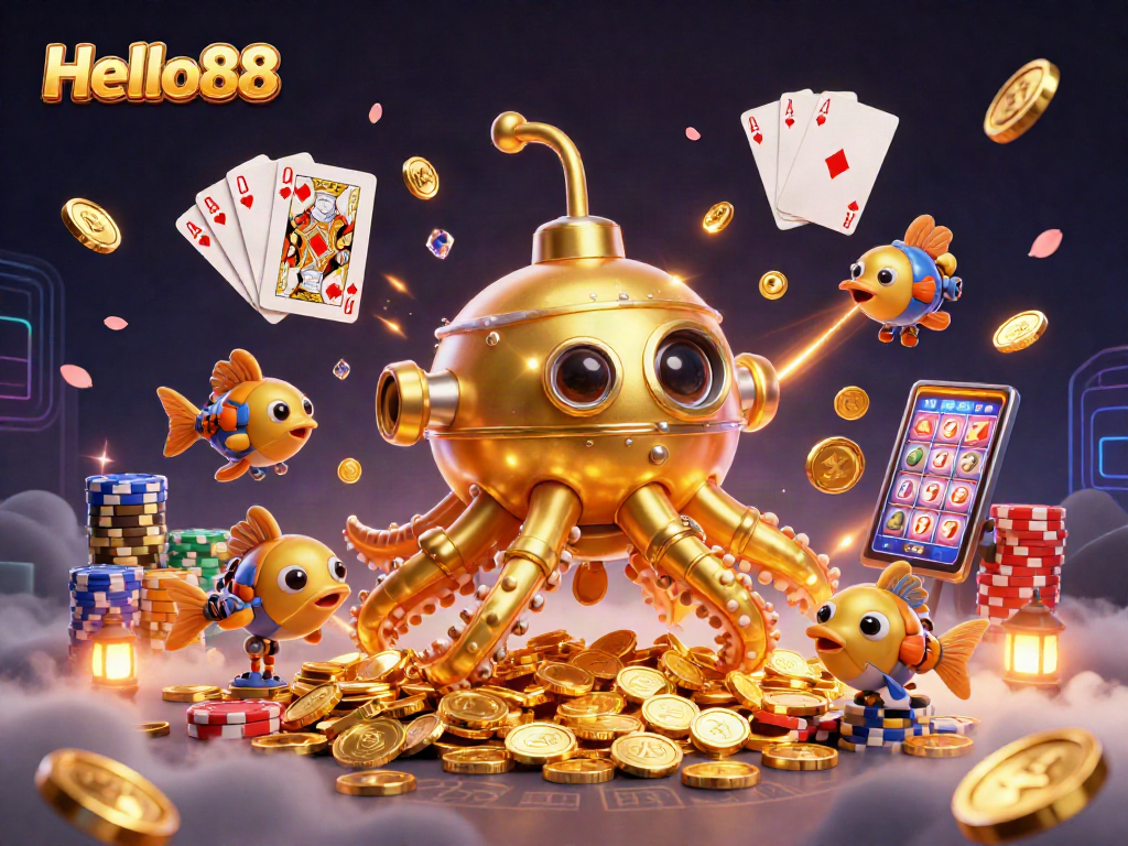 Spin and win with Hello88 in this vibrant 3D casino scene full of gold and excitement!