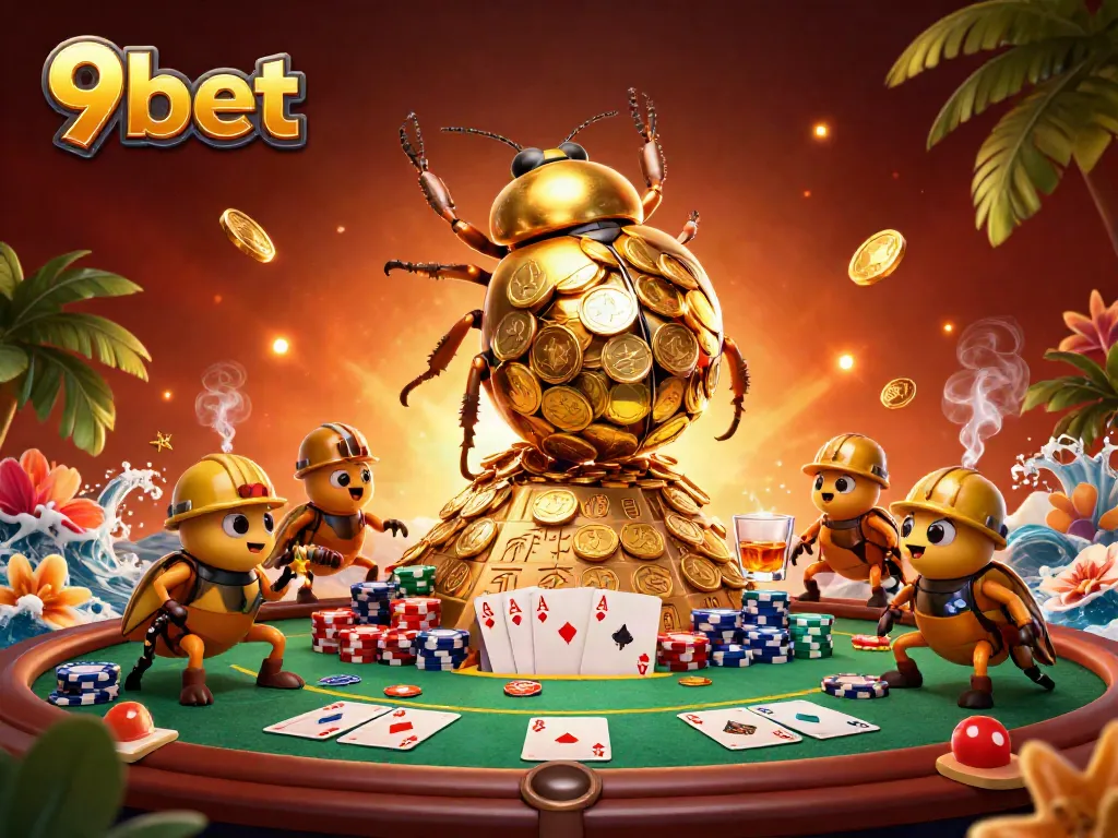 Engage in thrilling gameplay with 9bet, featuring a vibrant casino scene and golden beetles.