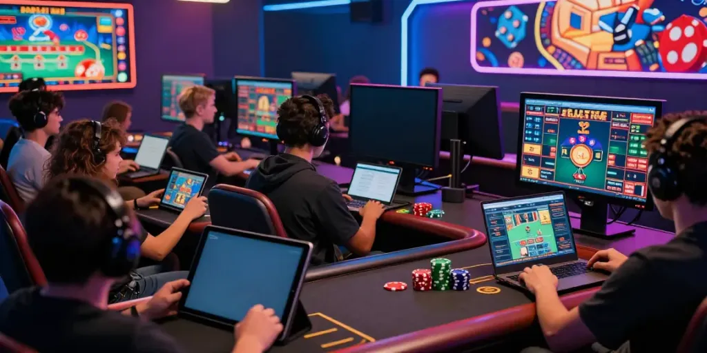 Exciting online gaming experience with players engaged on devices, showcasing fb88 casino atmosphere.