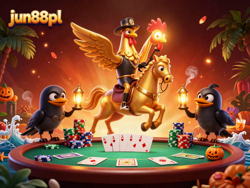Engage in thrilling poker action with jun88pl's vibrant casino scene featuring unique characters.