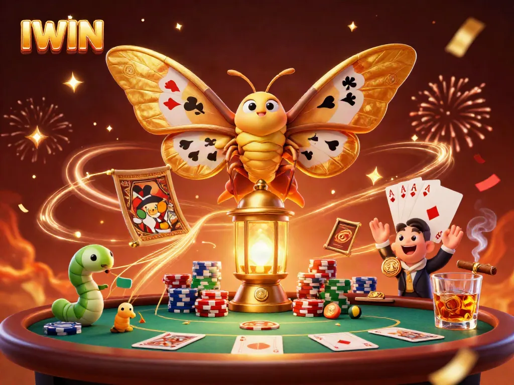 IWIN showcases a vibrant casino scene with a dazzling atlas moth, poker elements, and festive confetti.