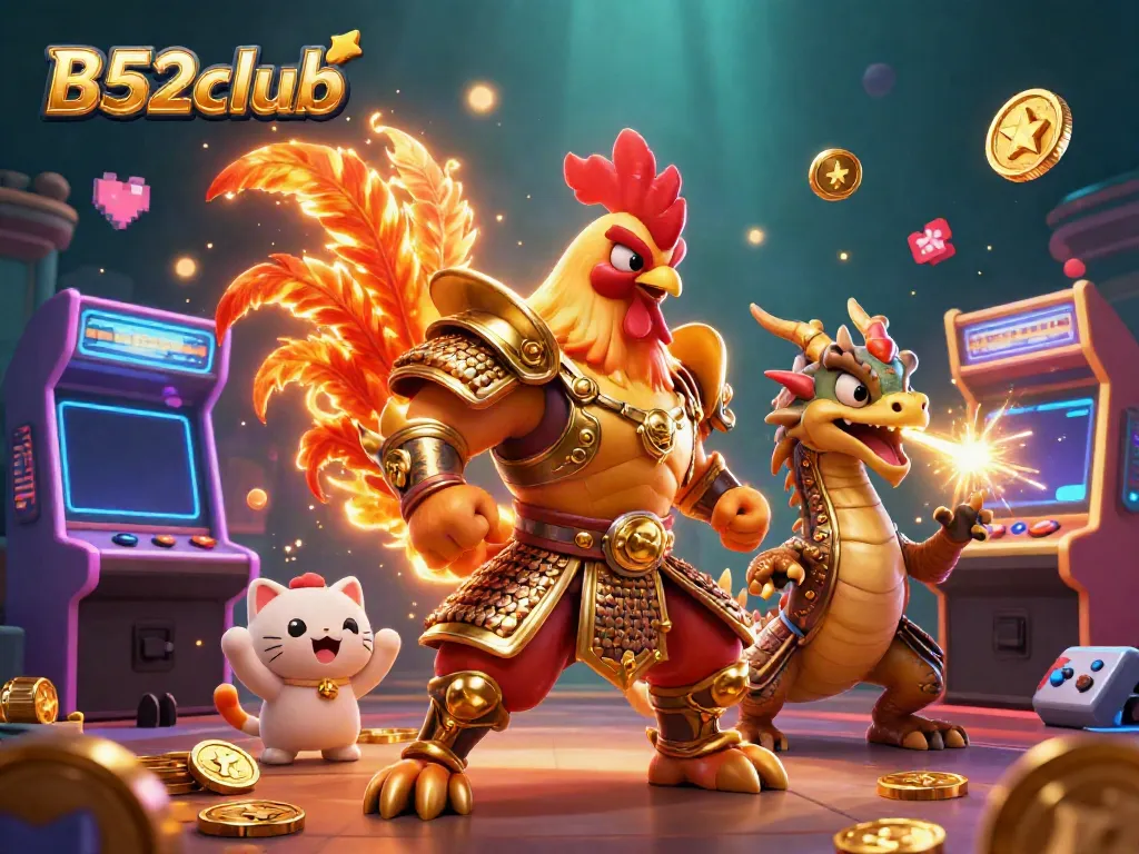 Engage with the exciting B52club gaming scene featuring a brave rooster warrior and dynamic dragon hatchling.