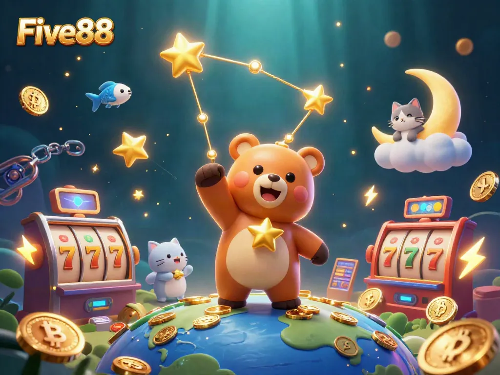 Experience the excitement of Five88 with a constellation bear scooping up coins surrounded by dynamic gaming elements.