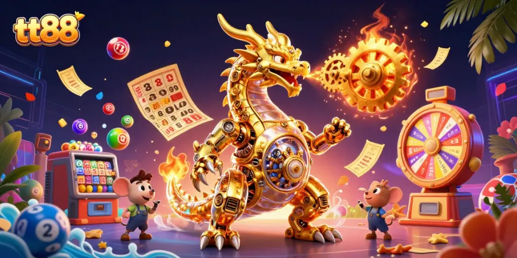 Experience the excitement of tt88 with a dragon-themed gambling scene showcasing vibrant lottery elements.