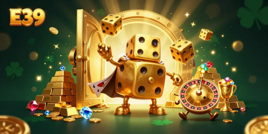 Experience thrilling gameplay with E39's vibrant casino scene featuring golden dice and treasures.