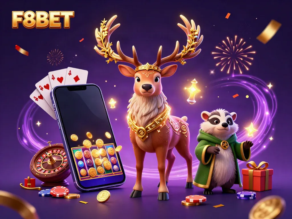 Engage with F8BET's vibrant 3D casino illustration showcasing magical characters and exciting gaming elements.