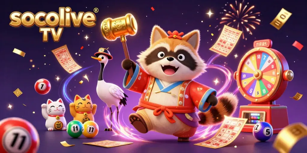 Experience thrilling winnings with socolive TV as a cheerful tanuki celebrates in this vibrant gambling scene.