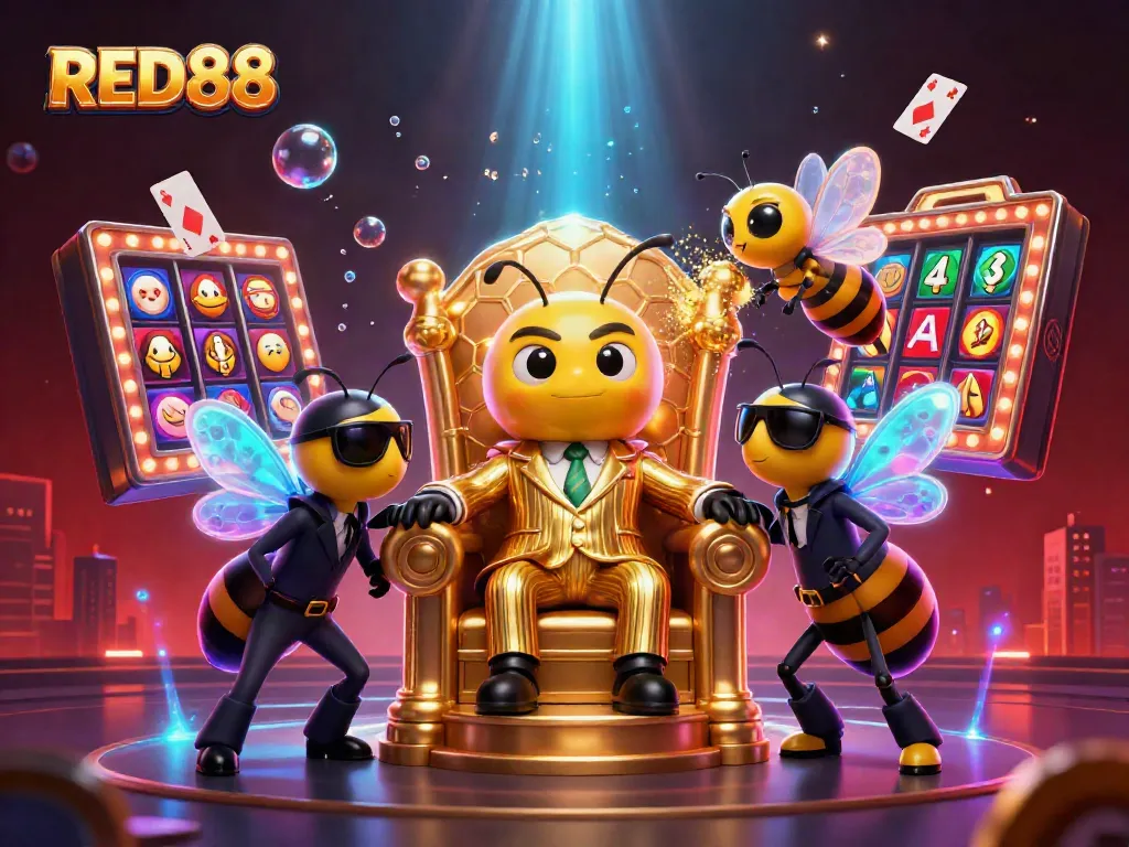 Engage with RED88's vibrant casino atmosphere featuring a bumblebee mob boss amidst slot machines and playing cards.