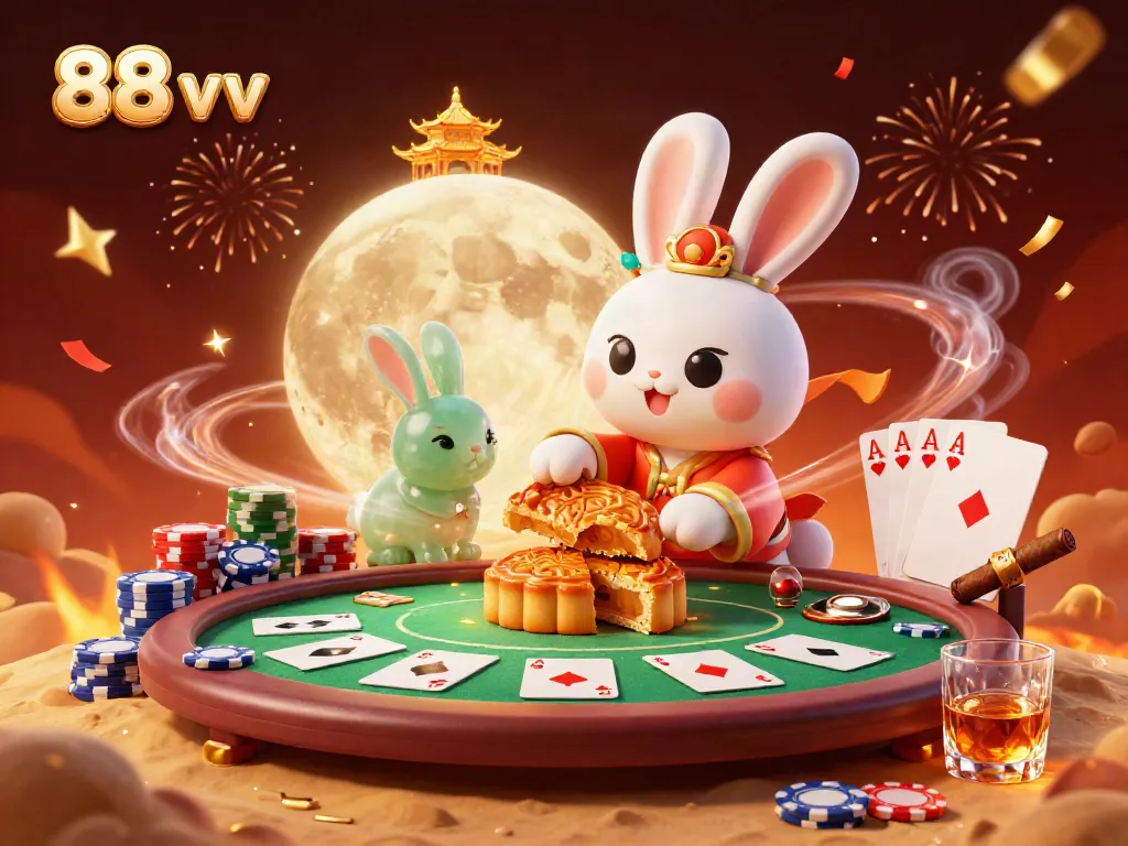 Engage with the lively scene of 88 VV featuring the moon rabbit and poker elements.