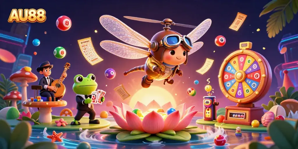 Engage with AU88's vibrant 3D casino scene featuring a dragonfly pilot and frog croupier.