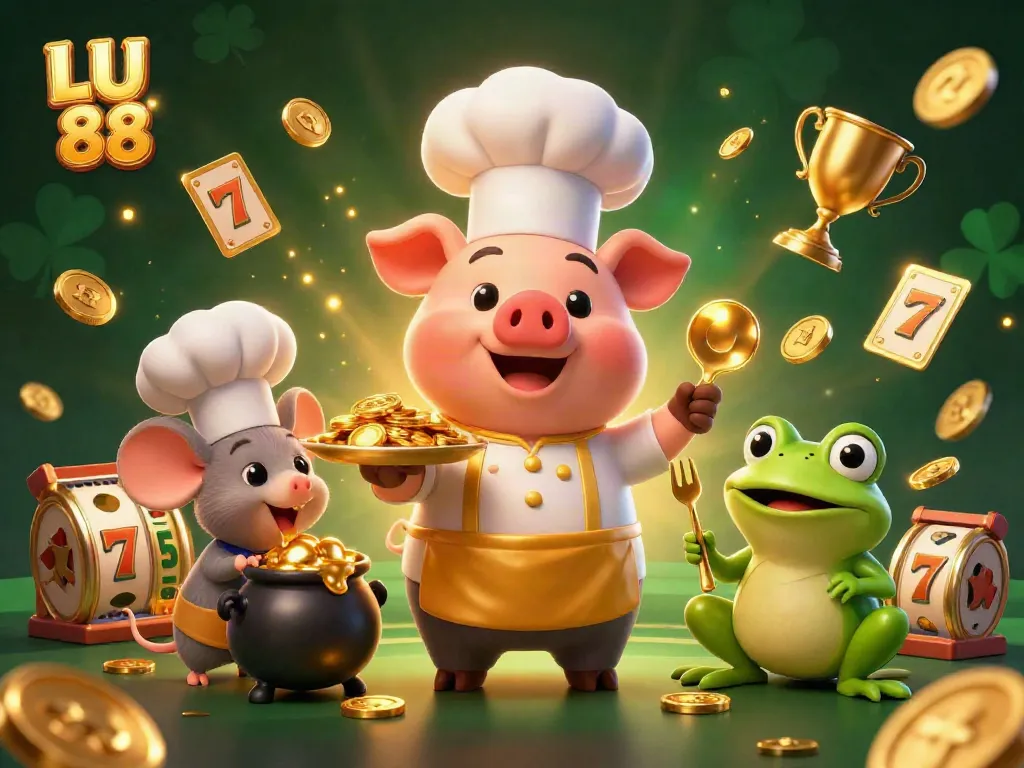 Experience the excitement of LU 88 with a cartoon chef serving gold coins alongside dynamic casino elements.