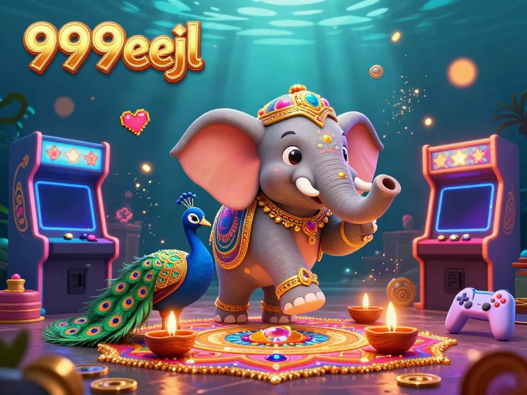 Engage with 999eejl, a vibrant 3D illustration featuring an ornate elephant and gaming elements.