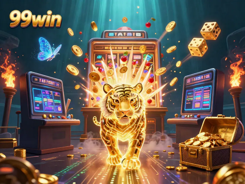 Experience the thrilling atmosphere of 99win as golden tiger and playful butterflies enhance casino excitement.