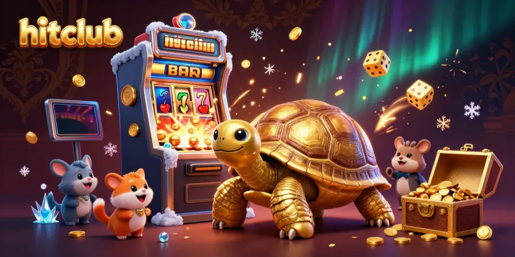 Experience the excitement of hitclub with a vibrant 3D illustration featuring a golden tortoise pinball machine and dynamic casino elements.