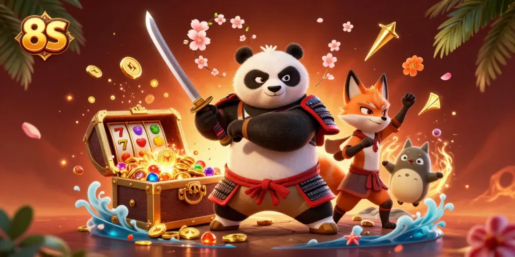 Engage in thrilling gameplay with 8S, featuring a vibrant scene of a samurai panda, ninja fox, and tanuki among casino slot elements.