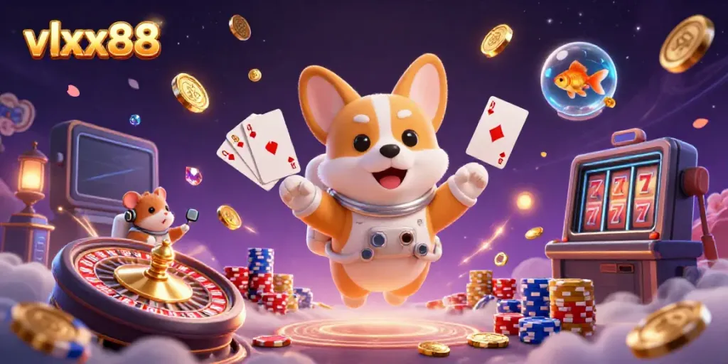 Experience thrilling wins with vlxx88 in a vibrant casino scene, featuring lucky slot machines and playful characters.