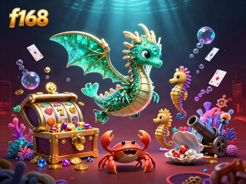 Experience the thrill of f168 with an enchanting underwater casino scene featuring emerald sea dragons, slot reels, and treasures.