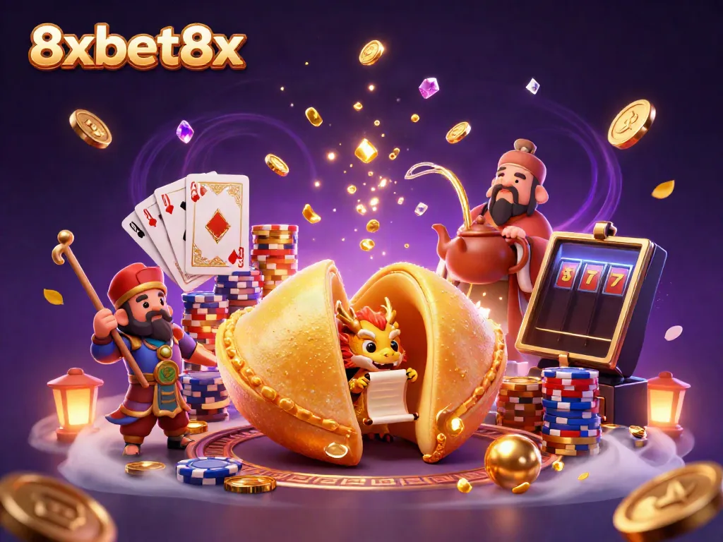 Place bets and win big with exciting games at 8xbet8x featuring golden fortune cookies, dragons, and casino elements.
