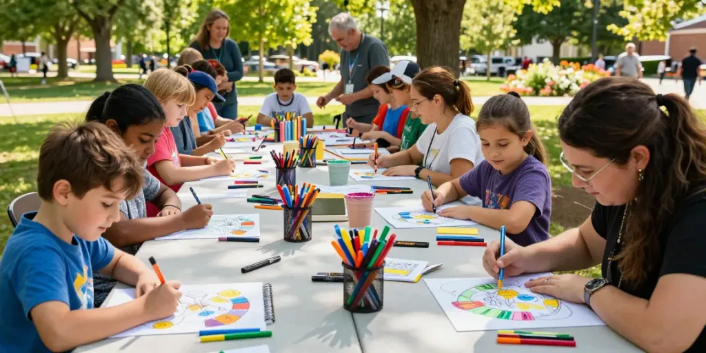 Coloring fun at freecoloringsheets.net community event with families engaging in art.