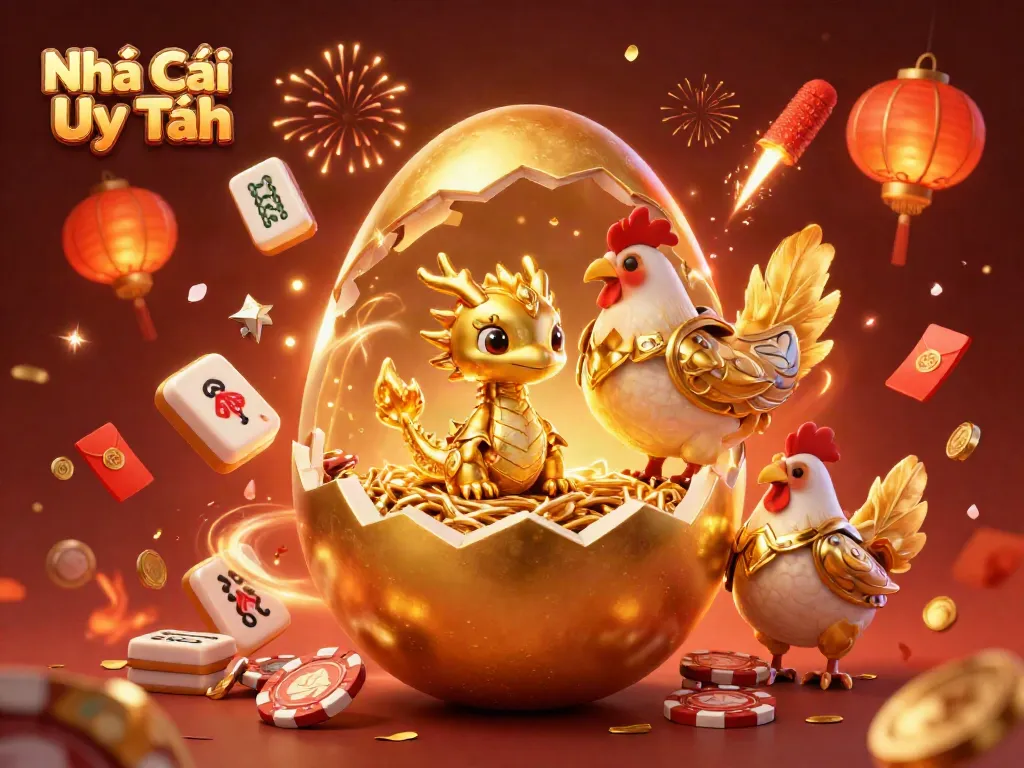 Engage in thrilling casino action with Nhà Cái Uy Tín, featuring a golden dragon and poker chips.