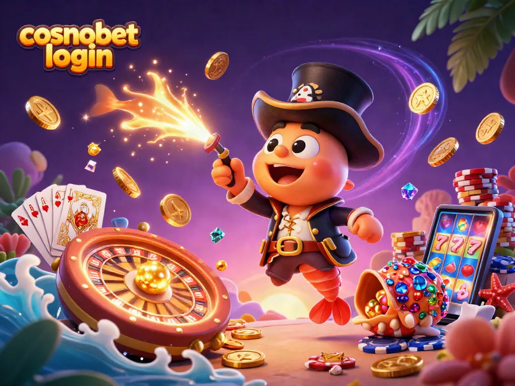 Spin to win with cosmobet login, featuring vibrant underwater casino characters and golden treasures.