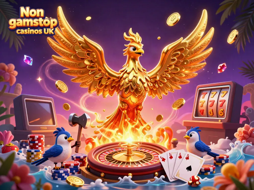 Engaging scene of Non gamstop casinos UK with a molten metal phoenix, casino elements, and colorful poker chips.