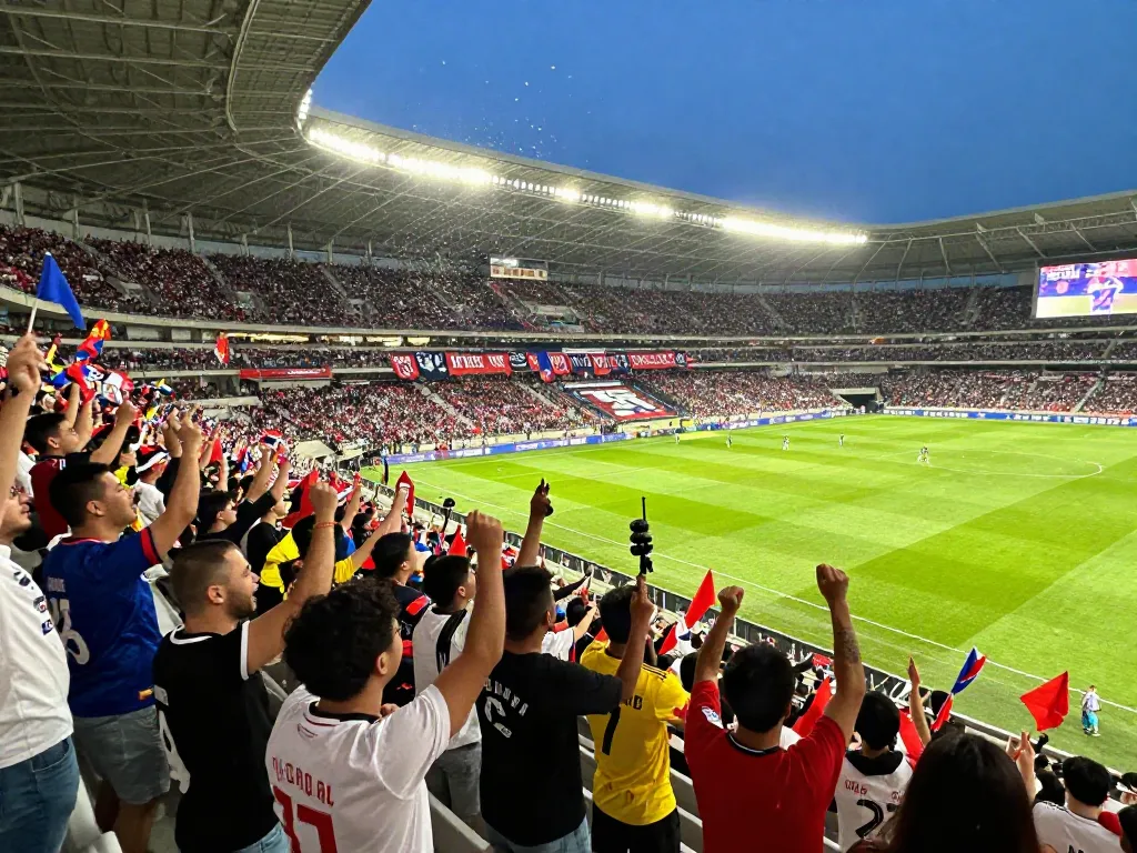 Thapcamtv fans cheering during a live football match in a vibrant stadium.