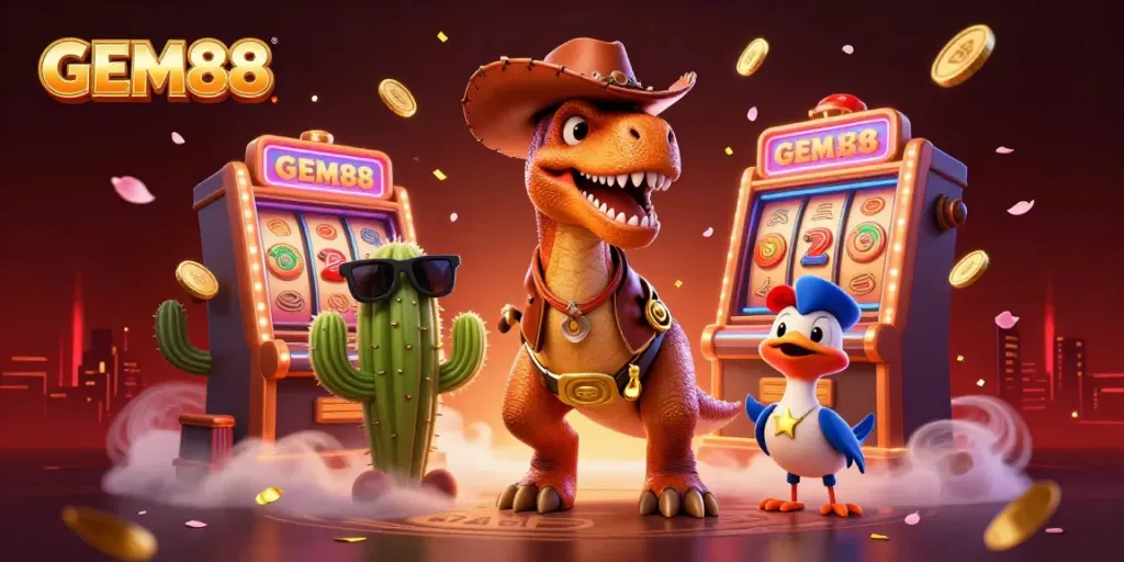 Experience the excitement of GEM88 casino with a lively illustration featuring a T-Rex and friends surrounded by vibrant gaming elements.