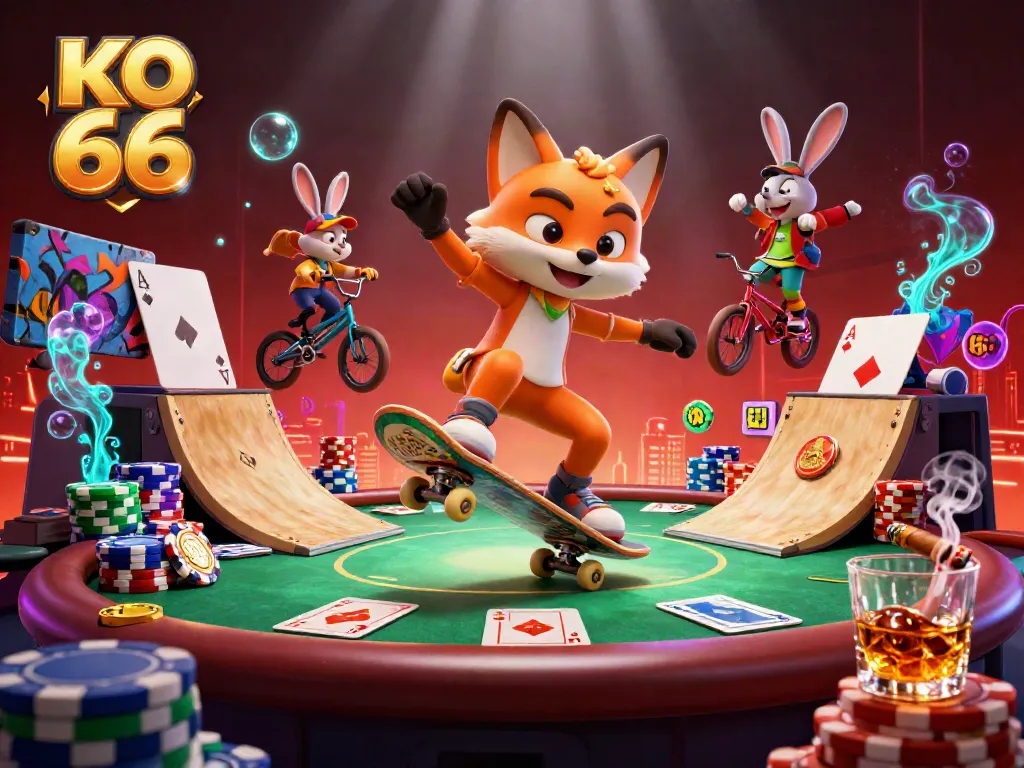 Experience thrilling action with KO 66 as fox and rabbit showcase casino skills over poker chips.