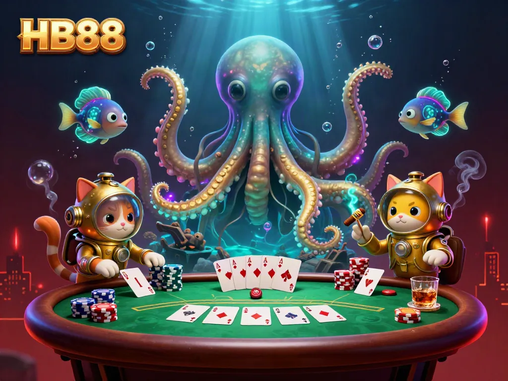 Experience thrilling games at HB88 with a vibrant kraken and diving cat in a dynamic casino scene.