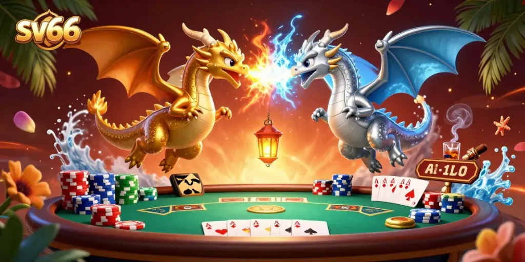 Betting with sv66: An exciting poker scene featuring gold and silver dragons.