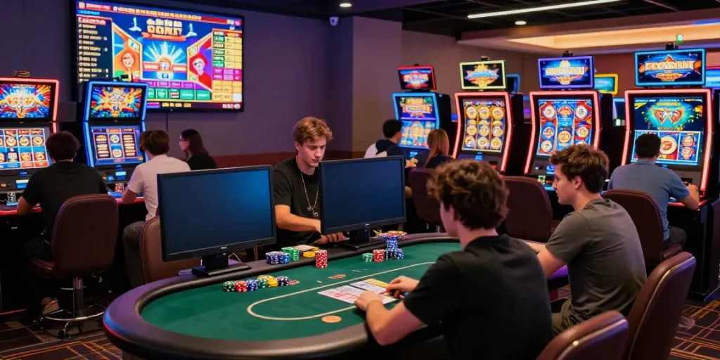 Exciting online gaming atmosphere at 9bet.com with players engaged in poker and slot machines.