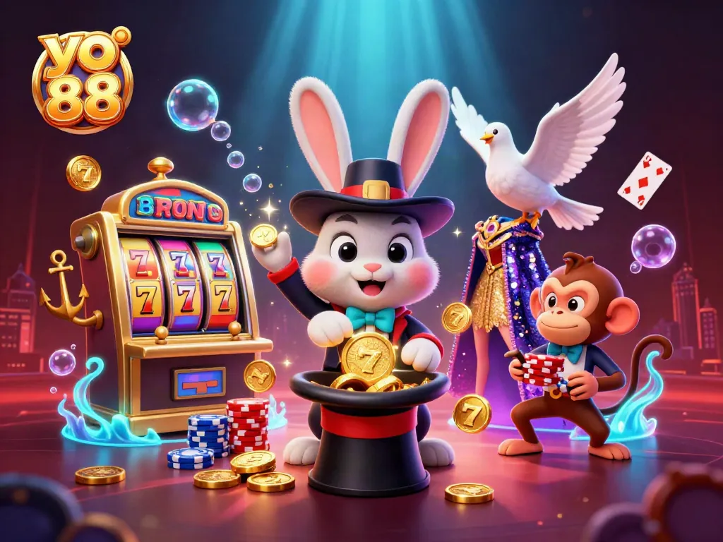Experience the exciting world of yo 88 with the magician rabbit and thrilling slot games in this vibrant digital illustration.