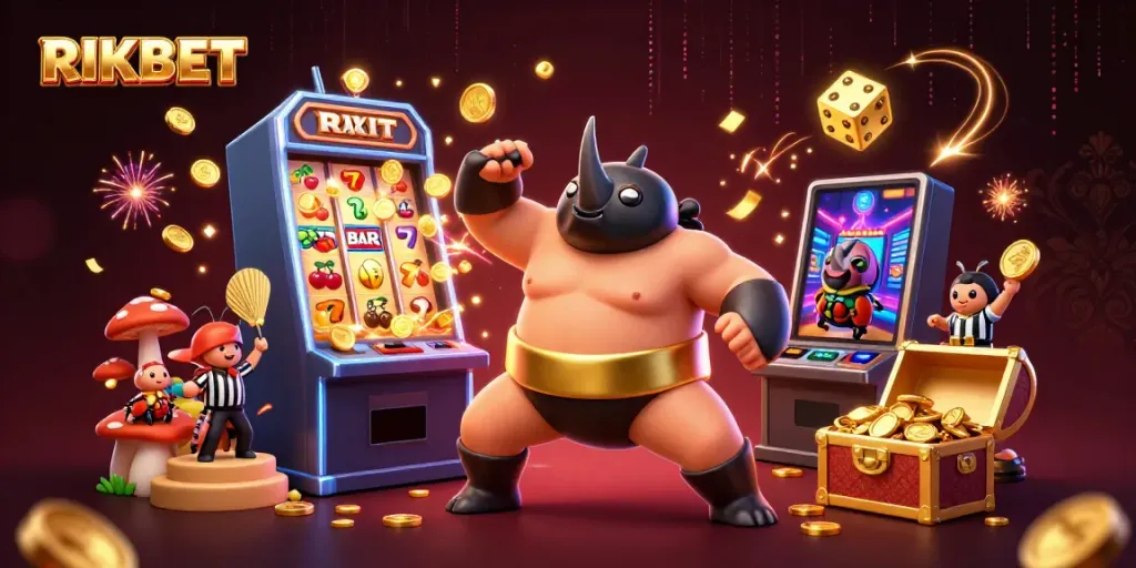 Experience the excitement of RIKBET with a vibrant scene of a beetle champion amidst flying coins and slots.